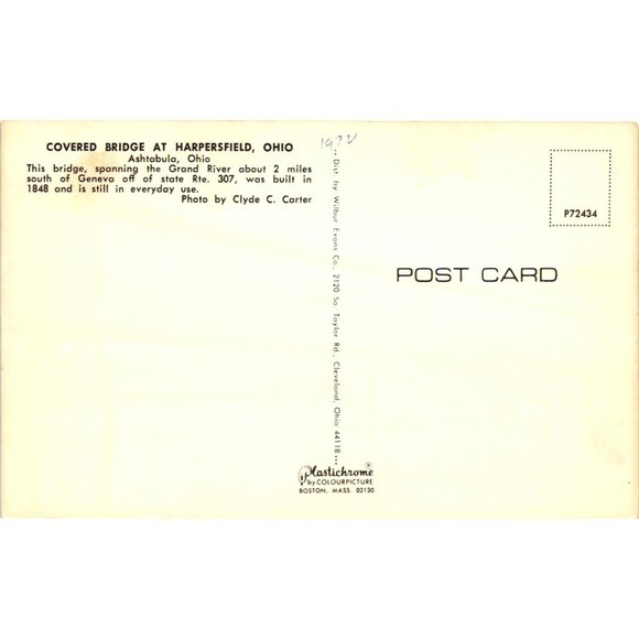 Covered Bridge Harpersfield Ohio Postcard Travel Souvenir Unposted Vintage - Picture 2 of 2